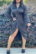 Vestidos de manga larga con cuello vuelto y pliegues sólidos sexy de moda negra
