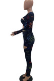 Black Sexy Print Hollowed Out Patchwork V Neck Long Sleeve Two Pieces