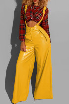 Yellow PU Bib pants Sleeveless Mid Solid Zippered Loose Pants Pants