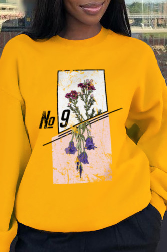 Yellow Casual Vintage Print Patchwork O Neck Tops
