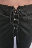 Pantalones de lápiz sólido de vendaje alto de manga larga con cordón negro