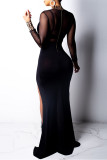 Черное модное сексуальное лоскутное прозрачное вечернее платье с водолазкой и разрезом