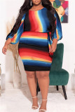 Flerfärgat mode avslappnat tryck med bälte V-hals långärmade klänningar i plusstorlek