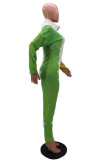 Green Fashion Casual Print Basic Zipper Collar Regular Jumpsuits