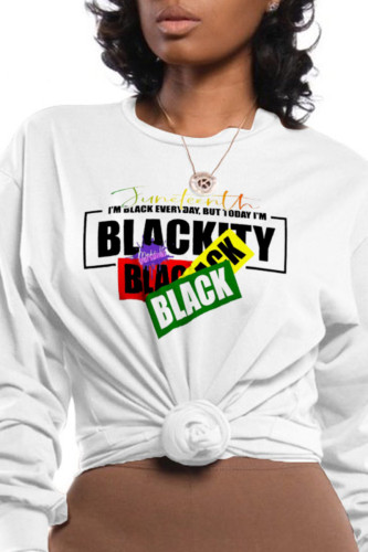 White Fashion Sportswear Print Letter O Neck Tops
