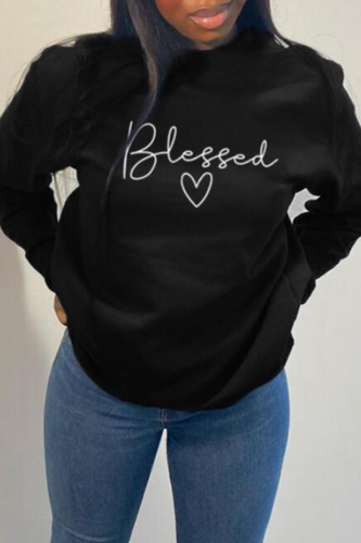 Black Fashion Daily Print Letter O Neck Tops