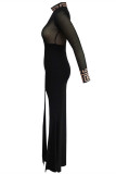 Vestido de noche de cuello alto con abertura transparente de patchwork sexy de moda negro