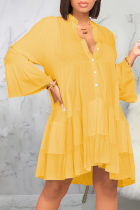 Robes jaunes de jupe de gâteau de col rabattu de patchwork solide décontracté