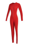Moda de color rojo informal para adultos, artículo de Pit, telas de retales, parches lisos, monos ajustados con cuello redondo