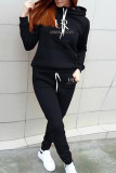 ブラックファッションカジュアルプリントベーシックフード付きカラー長袖ツーピース