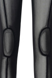 Zwart sexy effen patchwork doorzichtige mid-taille potlood patchwork broek