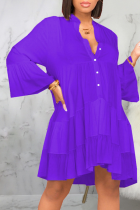 Purple Casual Solid Patchwork Turndown Collar Cake Skirt Dresses