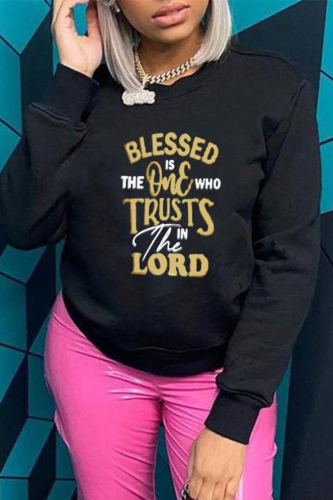 Black Casual Sportswear Print Letter O Neck Tops