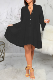 Black Casual Solid Patchwork Turndown Collar Cake Skirt Dresses