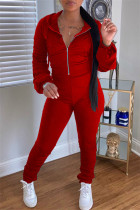 Red Fashion Casual Solid Fold Hooded Kraag Lange Mouw Twee Stukken