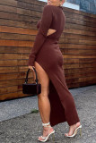 Purplish Red Fashion Sexy Solid Hollowed Out Slit Turtleneck Long Sleeve Dresses