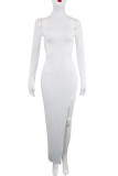 Белые модные сексуальные однотонные платья с длинным рукавом и водолазкой с разрезом и вырезом