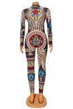 Multicolor Fashion Sexy Print See-through Turtleneck Skinny Jumpsuits