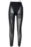 Black Sexy Solid Patchwork See-through Mid Waist Pencil Patchwork Bottoms