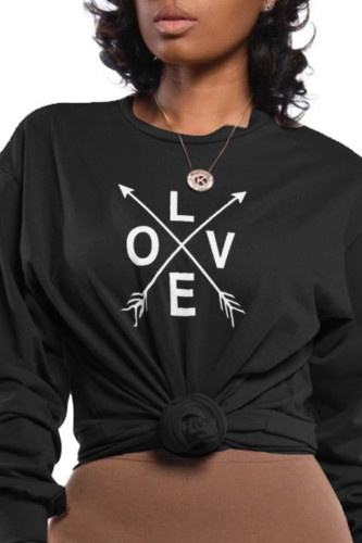 Black Fashion Daily Print Letter O Neck Tops