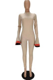 Khaki Fashion Casual Solid Patchwork Half A Turtleneck Skinny Jumpsuits