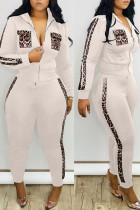 Wit Sexy volwassen Mode Patchwork Luipaardprint Tweedelige Pakken met Lange Mouwen en Ritssluitingen