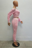 Pantalones rosa con cordón de manga larga de vendaje alto lápiz sólido