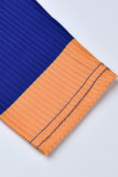 Azul casual estampa listrada patchwork decote oco manga longa duas peças