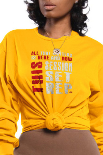 Yellow Fashion Casual Print Patchwork Letter O Neck Tops