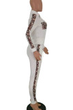 白のセクシーな大人のファッション パッチワーク ジッパー付きヒョウ柄ツーピース スーツ鉛筆長袖