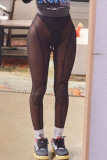 Черные сексуальные однотонные лоскутные прозрачные брюки-карандаш со средней талией в стиле пэчворк