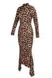 Leopardenmuster, sexy Druck, Patchwork, halber Rollkragen, unregelmäßiges Kleid