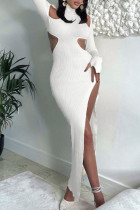 ホワイト ファッション セクシー ソリッド くり抜き スリット タートルネック ロング スリーブ ドレス