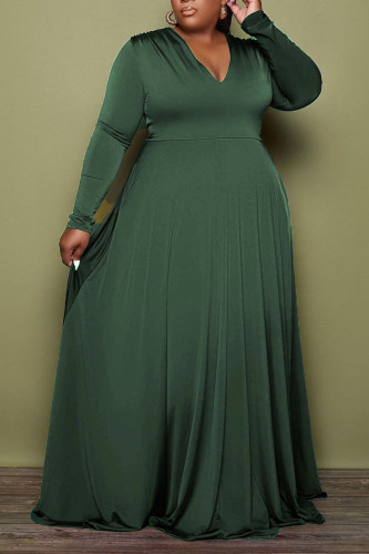 Чернильный зеленый повседневное элегантное однотонное лоскутное платье с V-образным вырезом трапециевидной формы плюс размер платья