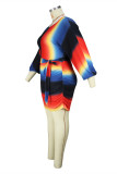チベット ブルー ファッション カジュアル プリント ベルト V ネック ロング スリーブ プラス サイズ ドレス