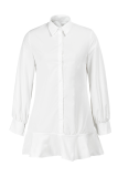 White Casual Solid Flounce Turndown Collar Shirt Dress Dresses