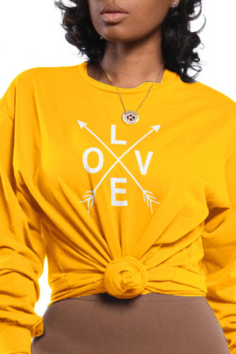 Yellow Fashion Daily Print Letter O Neck Tops