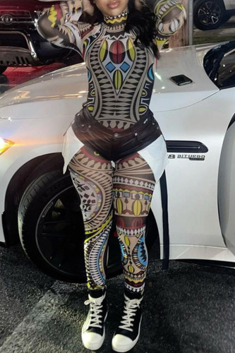 Multicolor Fashion Sexy Print See-through Turtleneck Skinny Jumpsuits