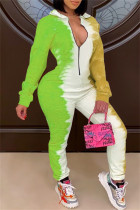 グリーン ファッション カジュアル プリント ベーシック ジッパー カラー レギュラー ジャンプスーツ