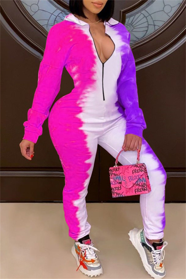Pink Fashion Casual Print Basic Reißverschlusskragen Regular Jumpsuits