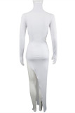 White Fashion Sexy Solid Hollowed Out Slit Turtleneck Long Sleeve Dresses