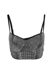 Silver Mode Sexig Patchwork Hot Drilling Backless Spaghetti Strap Toppar