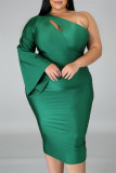 Green Fashion Sexy Solid Hollowed Out Backless Oblique Collar Long Sleeve Plus Size Dresses