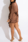 Brown Fashion Sexy Solid With Belt Turndown Collar Long Sleeve Dresses