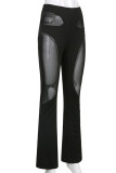Pantalones de retazos de lápiz de cintura alta regulares transparentes de patchwork sólido sexy negro