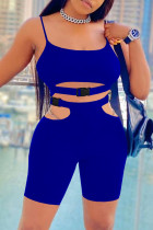 Blue Sexy Casual Solid Hollowed Out Backless Spaghetti Strap Sleeveless Two Pieces