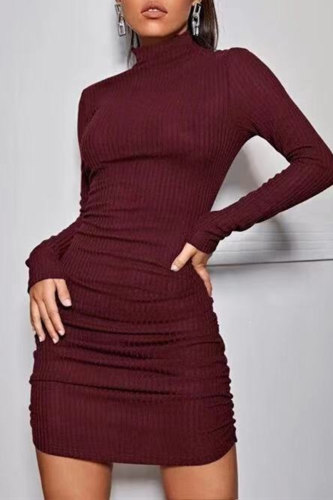 Burgundy Fashion Casual Solid Basic Turtleneck Long Sleeve Dresses