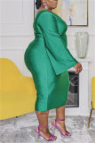 Vert Mode Sexy Solide Évidé Dos Nu Col Oblique À Manches Longues Plus La Taille Robes