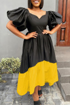 Zwarte mode casual effen patchwork jurk met V-hals en korte mouwen