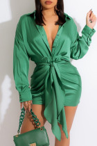 Green Fashion Sexy Solid With Belt Turndown Collar Long Sleeve Dresses